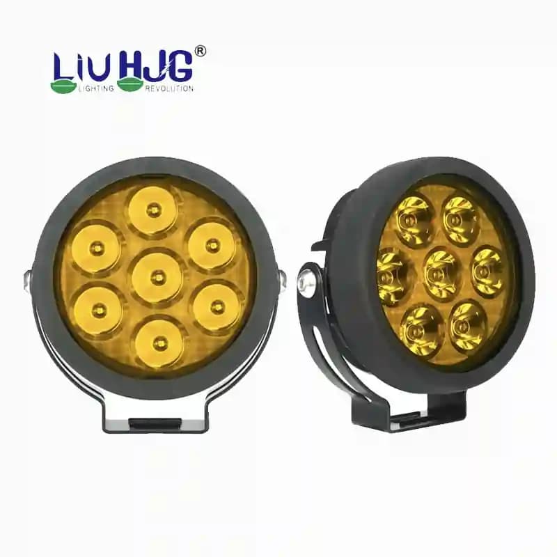 HJG 7 LED Round White Fog Light With Yellow Cap (70W) With Wiring Kit Harness And Switch Spot Driving Lamp Universal for Car, Bike and Motorcycle (set of 2) - PREMIUM