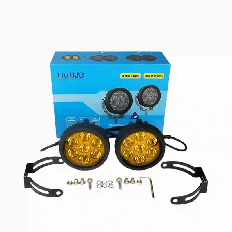 HJG 7 LED Round White Fog Light With Yellow Cap (70W) With Wiring Kit Harness And Switch Spot Driving Lamp Universal for Car, Bike and Motorcycle (set of 2) - PREMIUM